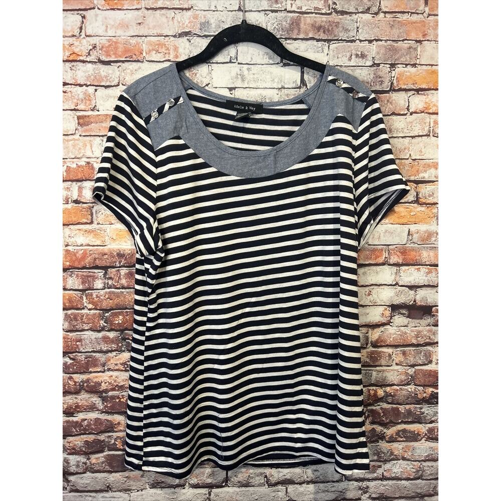 Adele and May blue striped short sleeve top blouse womens size XL
